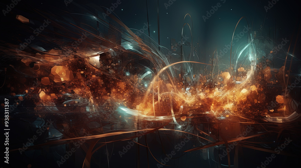 Poster Abstract burst of wires and particles on technology background. Scientific abstraction with mess of microscopic connections.