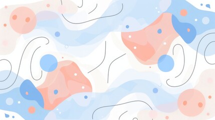 An abstract composition featuring pastel waves of blue, pink, and white with circular elements and fluid lines.