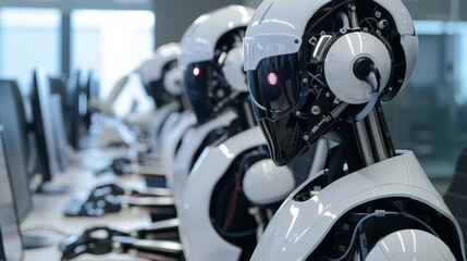 Fototapeta premium AI Navigating the Digital Frontier: A hyperrealistic depiction of an advanced AI interacting with a complex digital interface, symbolizing the future of technology and innovation. 