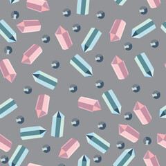 Colorful pink and blue quartz crystals scattered seamless pattern