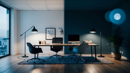 Photo Realistic as Daytime Office and Nighttime Home concept as A view of a daytime office and nighttime home set against a dreamy background offering ample space for text or graphics symbolizing the 