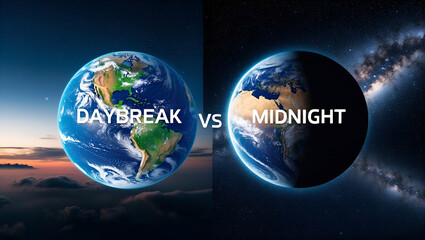 Photo Realistic as Earth Daybreak and Space Midnight concept as A view showing Earth at daybreak and space at midnight set against a dreamy background offering ample space for text or graphics symboli