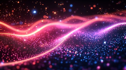 Obraz premium A mesmerizing abstract backdrop of flowing neon light trails and glittering particles against a cosmic black canvas. Perfect for themes of energy, movement, and the interconnect