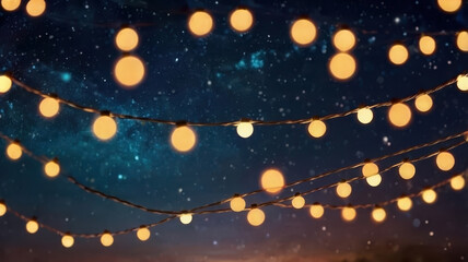Night scene with string lights on starry sky, creating a magical, festive, Christmas ambiance