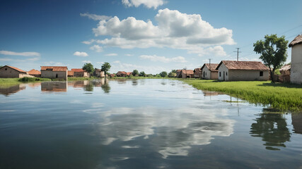 Obraz premium Photo Realistic as Flooded Area and Prosperous Village concept as A view of a flooded area and a prosperous village set against a dreamy background offering ample space for text or graphics symbolizin