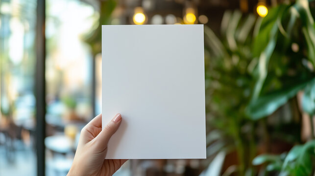 Close-up of blank menu mockup in hand, blurred background of greenhouse.
