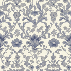 Elegant seamless victorian style seamless pattern, periwinkle blue on an ivory background with flourishes