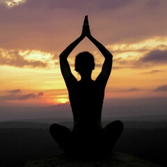 Sunset Silhouette: Woman Meditating in Tranquility. Mindfulness (GenAI)