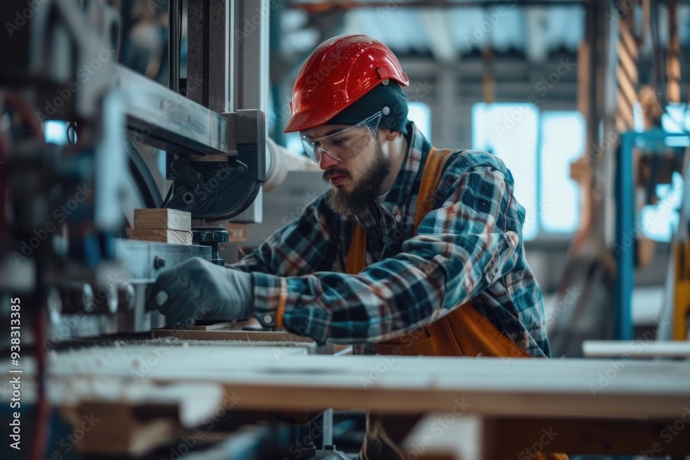 Poster a man works on machinery in a factory setting