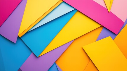 Vibrant layers of colorful paper abstract geometric pattern, showcasing a bold and playful composition of overlapping shapes and angles.