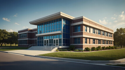 Obraz premium Photo Realistic as School Building and Playground concept as A whimsical school building with a playground set against a dreamy background offering ample space for text or graphics symbolizing the bal