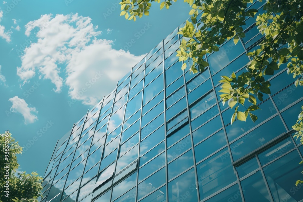 Poster A tall glass building with trees in front of it, suitable for use as a background or skyline
