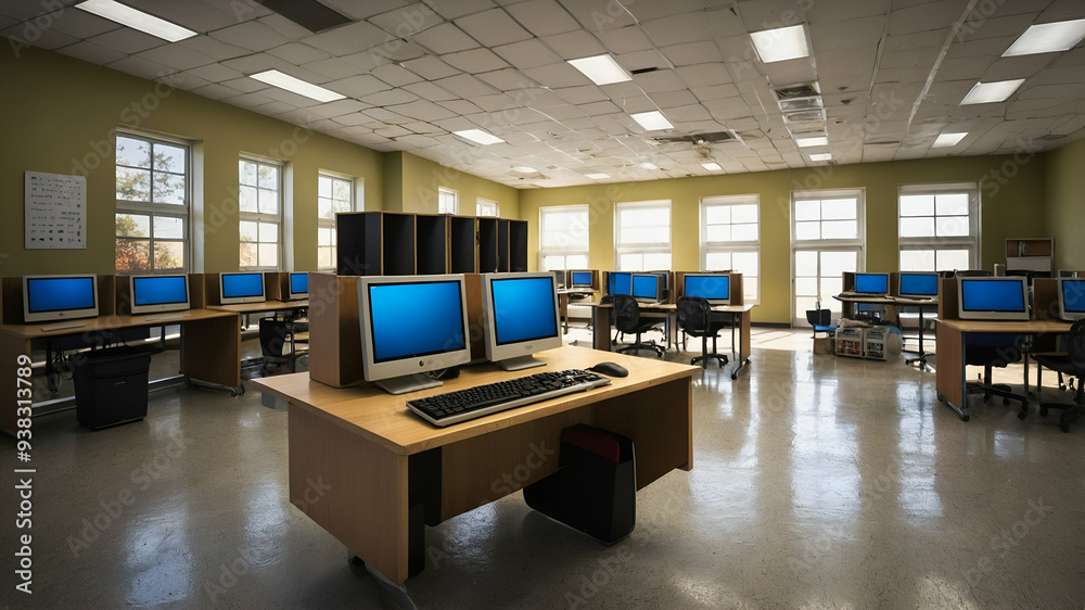 Fototapete photo realistic as school computer lab and laptop concept as a whimsical school computer lab with la