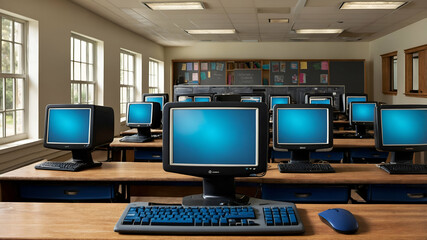 Naklejka premium Photo Realistic as School Computer Lab and Laptop concept as A whimsical school computer lab with laptops set against a dreamy background offering ample space for text or graphics symbolizing the inte