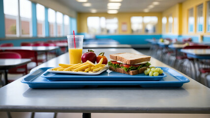 Photo Realistic as School Cafeteria and Lunch Tray concept as A whimsical school cafeteria with a lunch tray set against a dreamy background offering ample space for text or graphics symbolizing the i