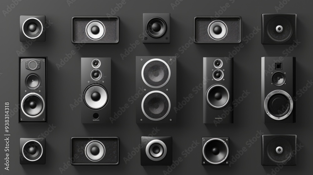 Poster A row of microphones and speakers mounted on a wall, ready for use in a conference or meeting setting