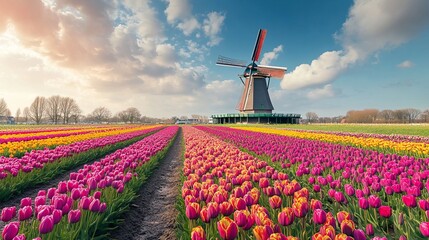 Colorful tulip fields in front of a Dutch windmill near Lisse, Netherlands