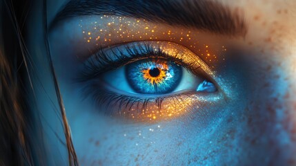 hyperrealistic closeup of womans eye reflecting cosmic nebula intricate iris detail otherworldly glow mesmerizing depth