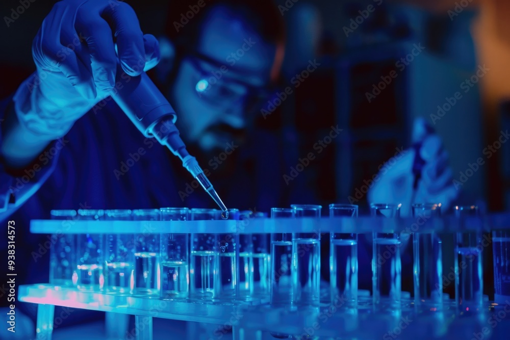 Poster a person in a lab coat is seen working at a bench with various equipment and chemicals, wearing gogg
