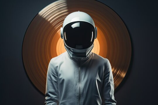 Picture of astronaut - man or woman in suit with helmet, in front of iluminator