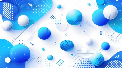 An artistic composition featuring various blue spheres and geometric designs on a white background.