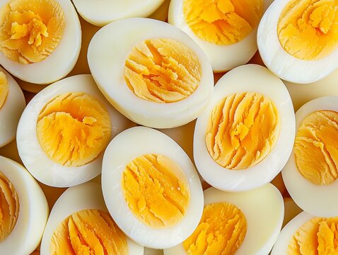 Top-Down View of Halved Hard-Boiled Eggs, Perfect Protein-Rich Keto Snack or Breakfast Option, Featuring Yellow Yolks and Firm Whites