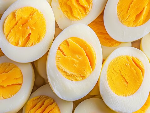 Top-Down Photograph of Halved Hard-Boiled Eggs, Pile of Healthy Protein-Rich Snack or Breakfast Food, Ideal for Keto or Low-Carb Diets