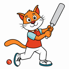 Cat Playing Cricket on White Background art vector illustration