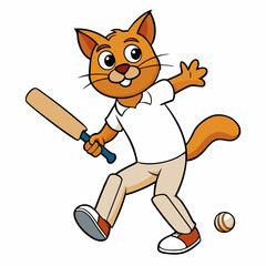 Cat Playing Cricket on White Background art vector illustration