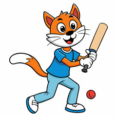 Cat Playing Cricket on White Background art vector illustration