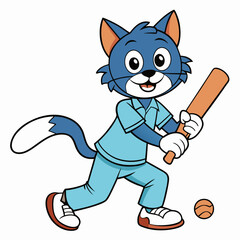 Cat Playing Cricket on White Background art vector illustration