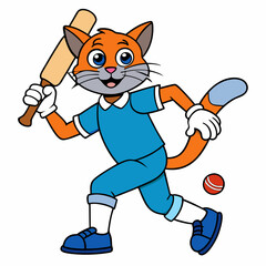 Cat Playing Cricket on White Background art vector illustration