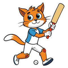 Cat Playing Cricket on White Background art vector illustration