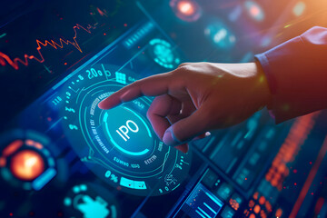 Interactive Touchscreen Tech: Smart Home, Cybersecurity, and Digital Interfaces in Modern Business. Person Pushing 'IPO' on a Touchscreen Interface. HD Landscape Wallpaper for Desktop PC