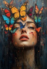 vibrant and surreal abstract portrait of a woman with butterflies, 