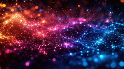 illuminated quantum network glowing fiber optic connections intertwine across a dark background forming an intricate web of digital pathways in vibrant neon hues
