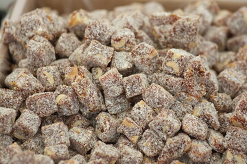 close up of turkish cezerye which is made from caramelized carrots and hazelnuts