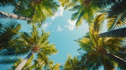 A breathtaking view of tall, lush palm trees with a clear blue sky as the backdrop, captured from below looking up.
