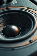 A detailed view of a speaker sitting on a table, ideal for use in presentations or product showcases