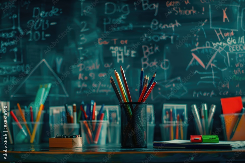 Poster a cluttered desk with various writing utensils