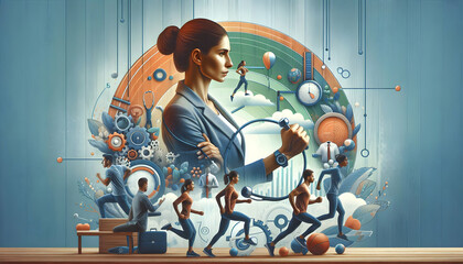 Photo realistic as Trainer with team building exercises concept as A trainers profile blended with team building exercises symbolizing collaboration and teamwork in training. Perfect for business trai