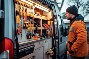 An electrician standing next to a fully equipped work van, showcasing the organization and readiness of their tools and equipment. - Powered by Adobe