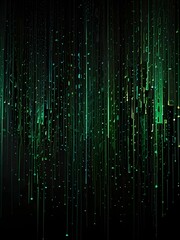 Obraz premium A mesmerizing cascade of luminescent green data streams flows downward in a shimmering curtain, suspended against a rich, inky black background, evoking a sense of futuristic intensity