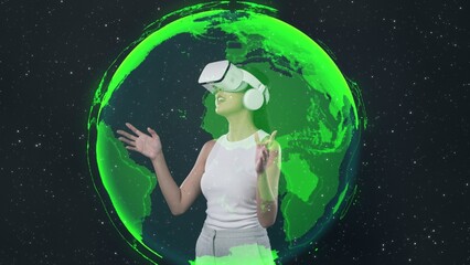 Excited Woman in VR looking around with zooming digital green globe representation 3D hologram world network communication technology innovation visual animation starry dark background. Hallucination.