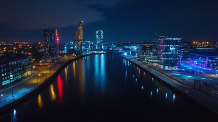 Fototapeta premium Drone view of Media city Salford quays at night, Manchester