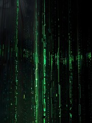 Obraz premium A mesmerizing cascade of luminescent green data streams flows downward in a shimmering curtain, suspended against a rich, inky black background, evoking a sense of futuristic intensity