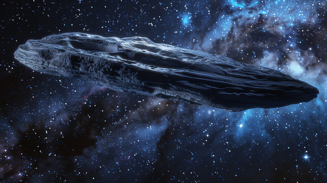 A dark, elongated object, like a spaceship, floats amidst stars and nebulae in space.
