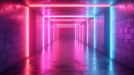 Futuristic neon lights illuminate a concrete corridor with pink and blue hues.