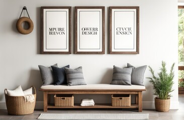 Wooden rustic bench with pillows against wall with two poster frames. Country farmhouse interior design of modern home entryway
