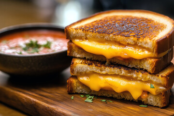 Stack of grilled cheese sandwiches with gooey cheese oozing out, presented on a wooden board with a side of tomato soup.